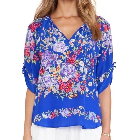 YUMI Kim Blue floral silk BoHo peasant blouse - Picture 1 of 11